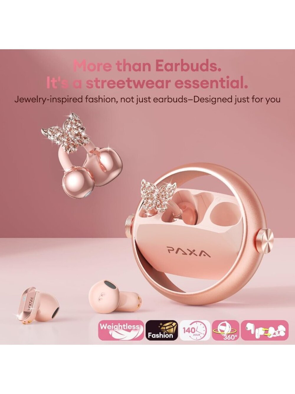 Wireless Rose Gold 1 Clip-On Butterfly Earring Ultra-long 140H Bluetooth Earbud - Picture 2 of 6